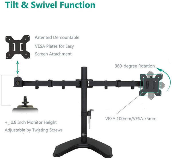 WALI Free Standing Dual LCD Monitor Fully Adjustable Desk Mount Fits 2 Screens up to 27 inch, 22 lbs. Weight Capacity per Arm, with Grommet Base (MF002), Black