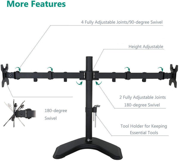 WALI Free Standing Dual LCD Monitor Fully Adjustable Desk Mount Fits 2 Screens up to 27 inch, 22 lbs. Weight Capacity per Arm, with Grommet Base (MF002), Black