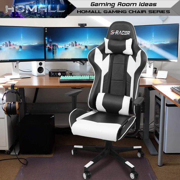 Homall Gaming Chair Office Chair High Back Computer Chair PU Leather Desk Chair PC Racing Executive Ergonomic Adjustable Swivel Task Chair with Headrest and Lumbar Support (White)
