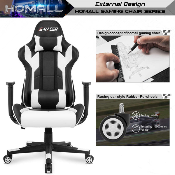 Homall Gaming Chair Office Chair High Back Computer Chair PU Leather Desk Chair PC Racing Executive Ergonomic Adjustable Swivel Task Chair with Headrest and Lumbar Support (White)