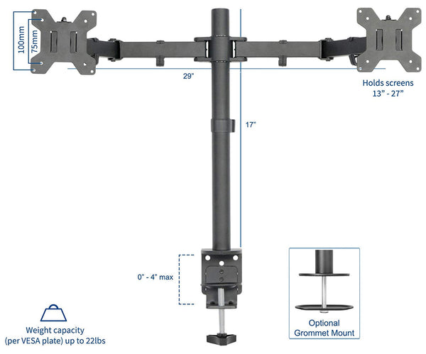 VIVO Dual LCD Monitor Desk Mount Stand Heavy Duty Fully Adjustable fits 2 /Two Screens up to 27" (STAND-V002)
