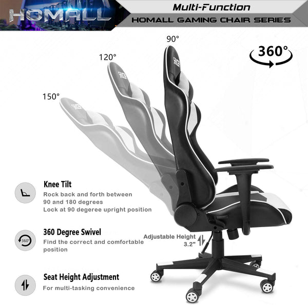 Homall Gaming Chair Office Chair High Back Computer Chair PU Leather Desk Chair PC Racing Executive Ergonomic Adjustable Swivel Task Chair with Headrest and Lumbar Support (White)
