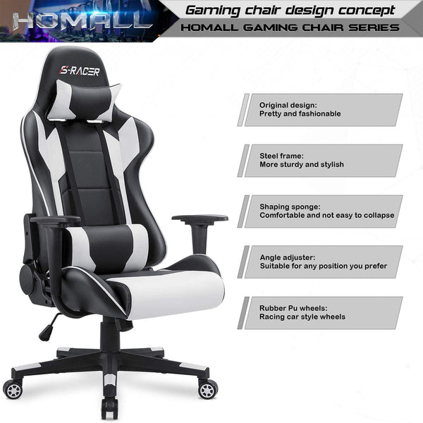 Homall Gaming Chair Office Chair High Back Computer Chair PU Leather Desk Chair PC Racing Executive Ergonomic Adjustable Swivel Task Chair with Headrest and Lumbar Support (White)