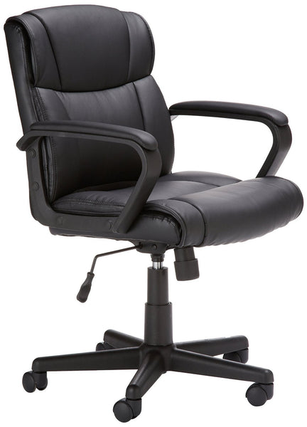 AmazonBasics Classic Leather-Padded Mid-Back Office Desk Chair with Armrest - Black, BIFMA Certified
