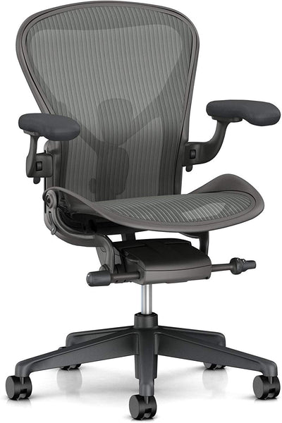 Herman Miller Aeron Task Chair: Tilt Limiter/Seat Angle - PostureFit SL - Fully Adj Arms - Dark Carbon Vinyl Armpad - Carpet Caster