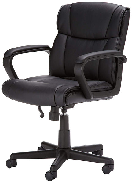 AmazonBasics Classic Leather-Padded Mid-Back Office Desk Chair with Armrest - Black, BIFMA Certified